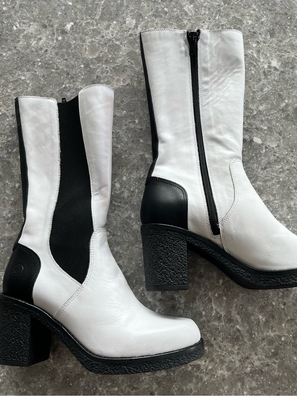 White & Black Mid-Calf Block Heel Boots by Casta